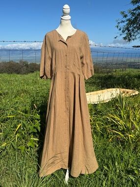 Jenni Kayne Day Dress Linen khaki Midi Button Lagenlook Quiet Luxury XXL